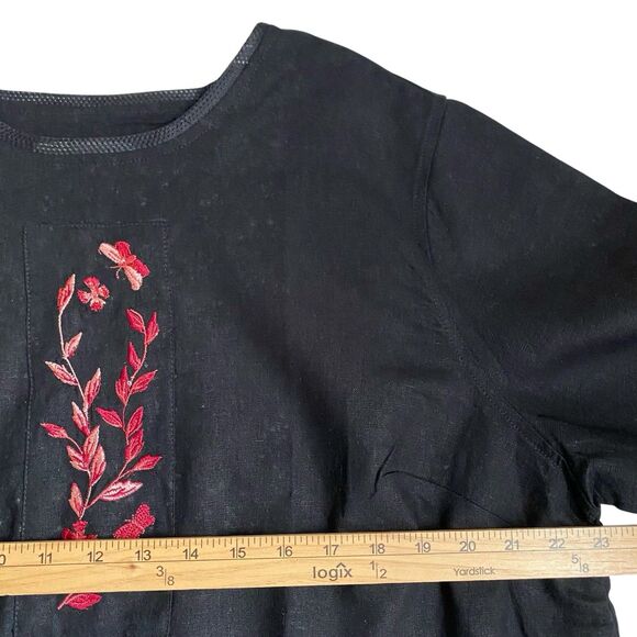 C.J. Banks Linen Cotton Top Blouse 1X Black Embroidered Round Neck Cottagecore - Picture 3 of 6